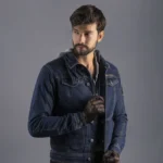 Premium black grain leather biker jacket with silver metallic zippers and professional stitching.