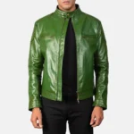 gatsby green leather biker jacket made of 100 real sheepskin leather with shiny burnished finish